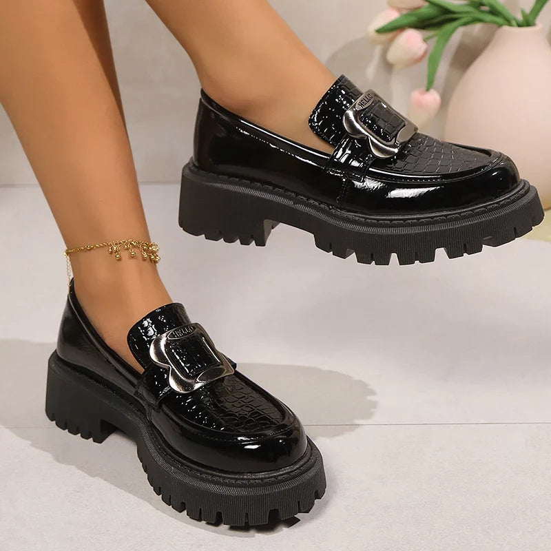 Plus Size Platform Loafers Shoes for Women 2025 Fashion Metal Buckle Pu Leather Shoes Woman Spring Autumn Slip On Flats Female