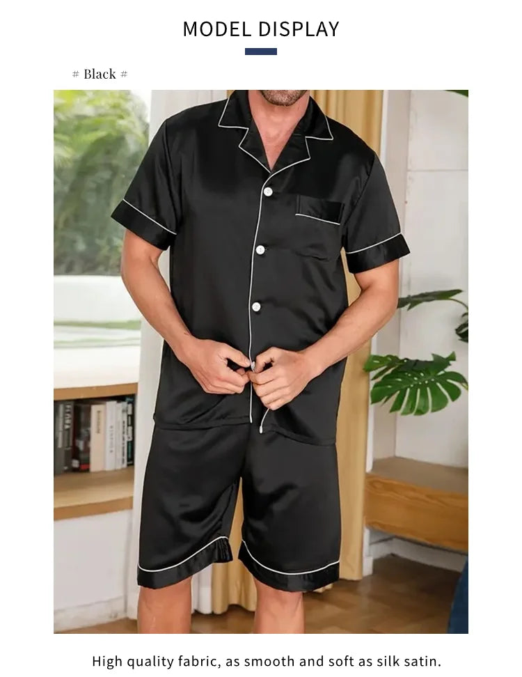 Men Satin Pajama Set Sleepwear for Man Summer Short Sleeve Button-Down Shirt & Shorts Pajamas 2 Piece Home Clothes Short Suit