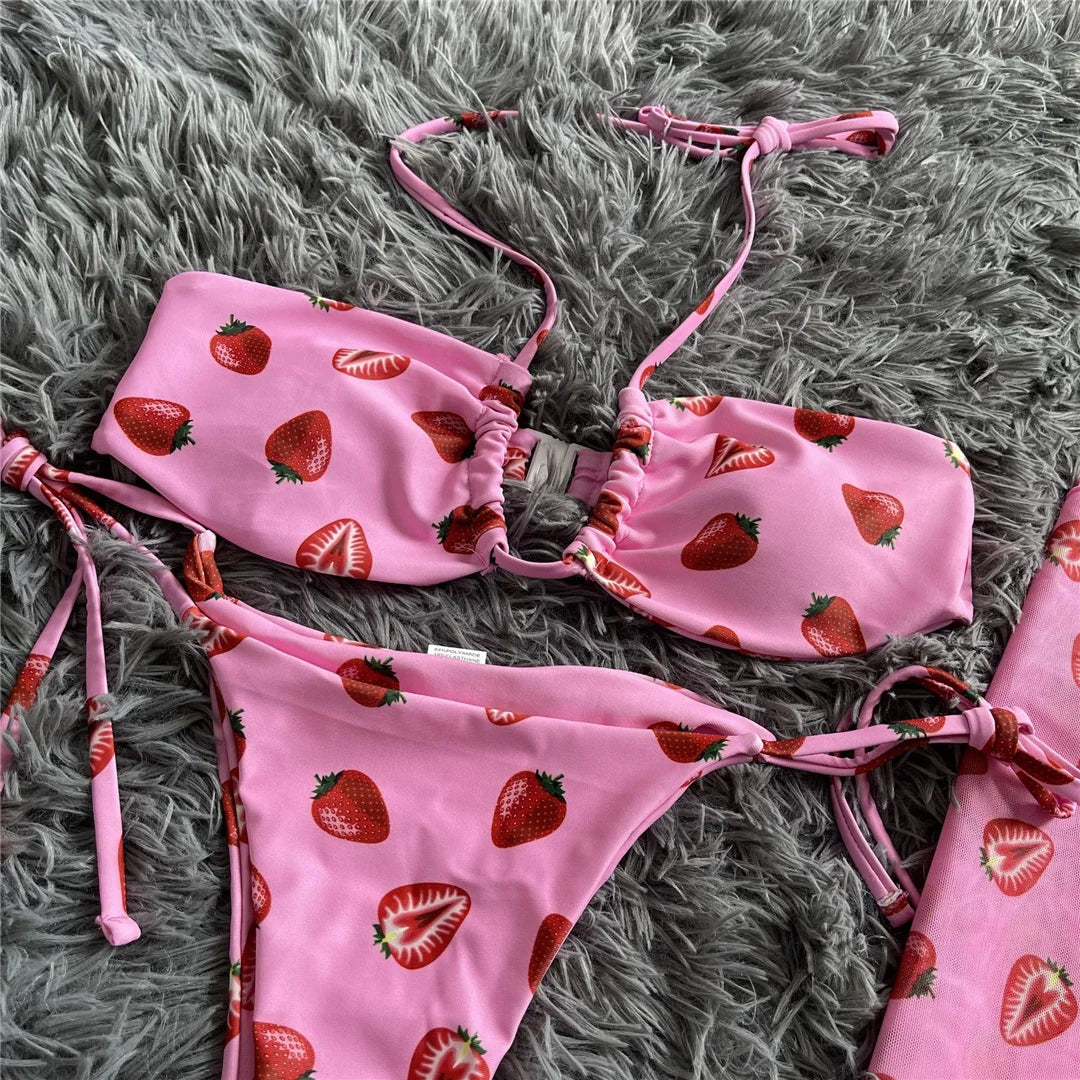 New With Sarong Printed Halter Bikini Female Swimsuit Women Swimwear Three-Pieces Bikini Set Bather Bathing Suit Swim Lady V4156
