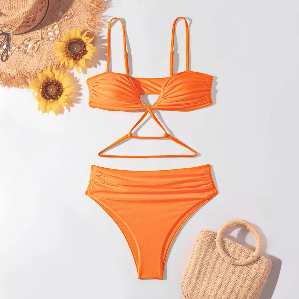 V Neck Wrinkled Stain Bikinis Female Swimsuit High Waist Bikini Women Swimwear Two-pieces Bikini Set Bather Bathing Suit Swim