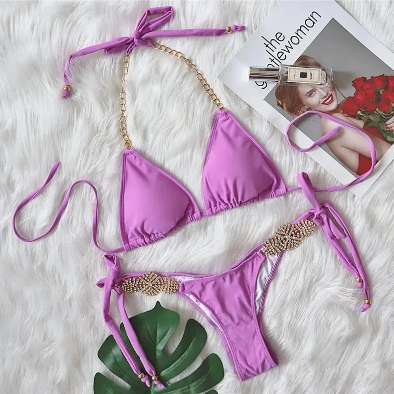 2026 Sexy Bikini Women Swimwear Swimsuit Luxury Rhinestone Metal Chain Halter Purple Triangle Beach Bikinis Set Bathing Suit New