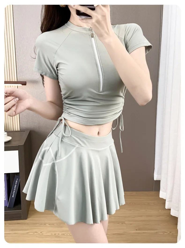 Split Sports Swimsuit, Women's Flat Corner Skirt Style Two-piece T-shirt, Girls' Student Sun Protection Swimming Suit
