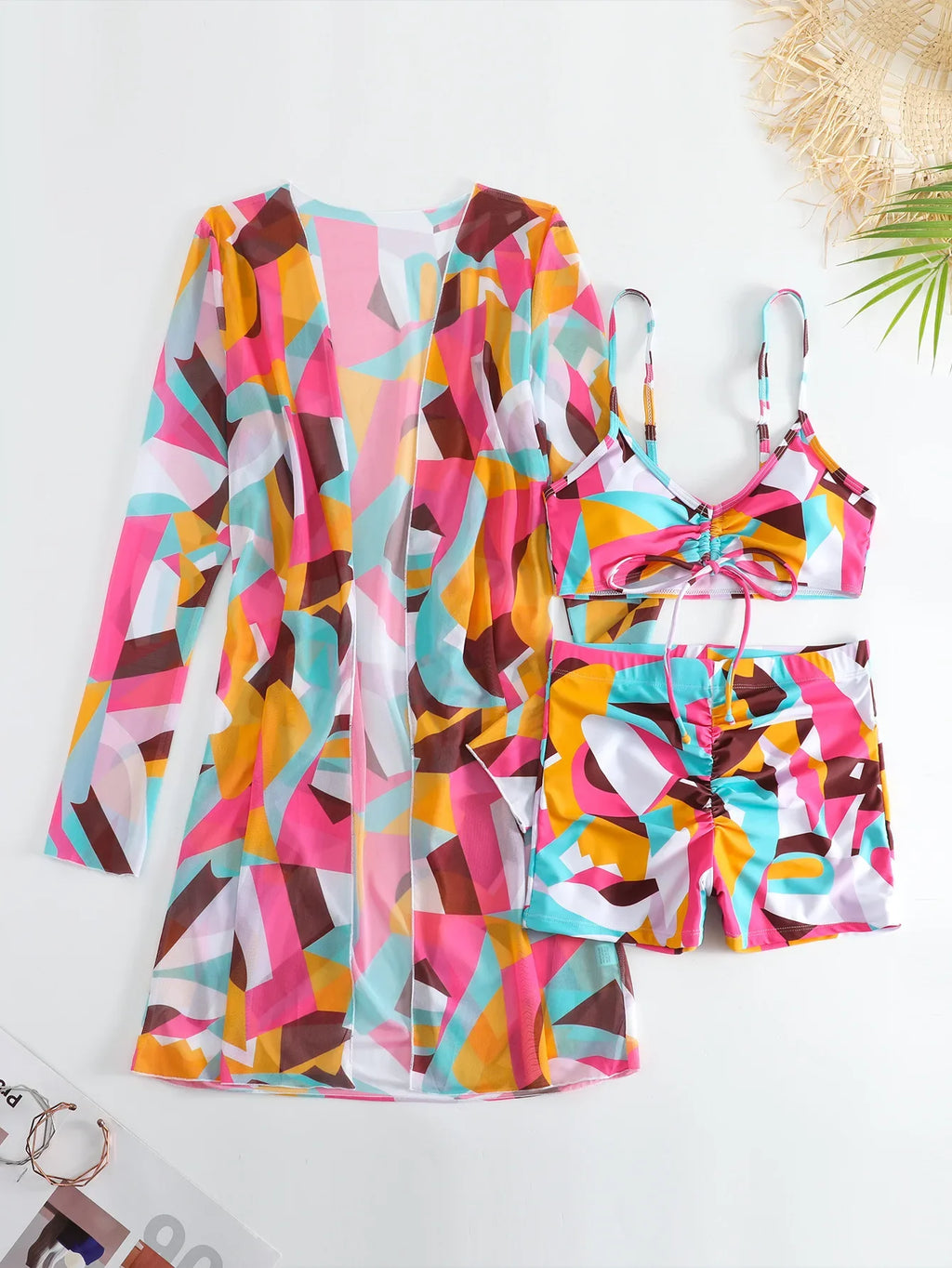 New Sexy 3 Pieces Suit for Women Neck Hanging Bikini Set+Cover-up Swimwear Sunproof Tankini High Waist Shorts Swimsuit Beachwear