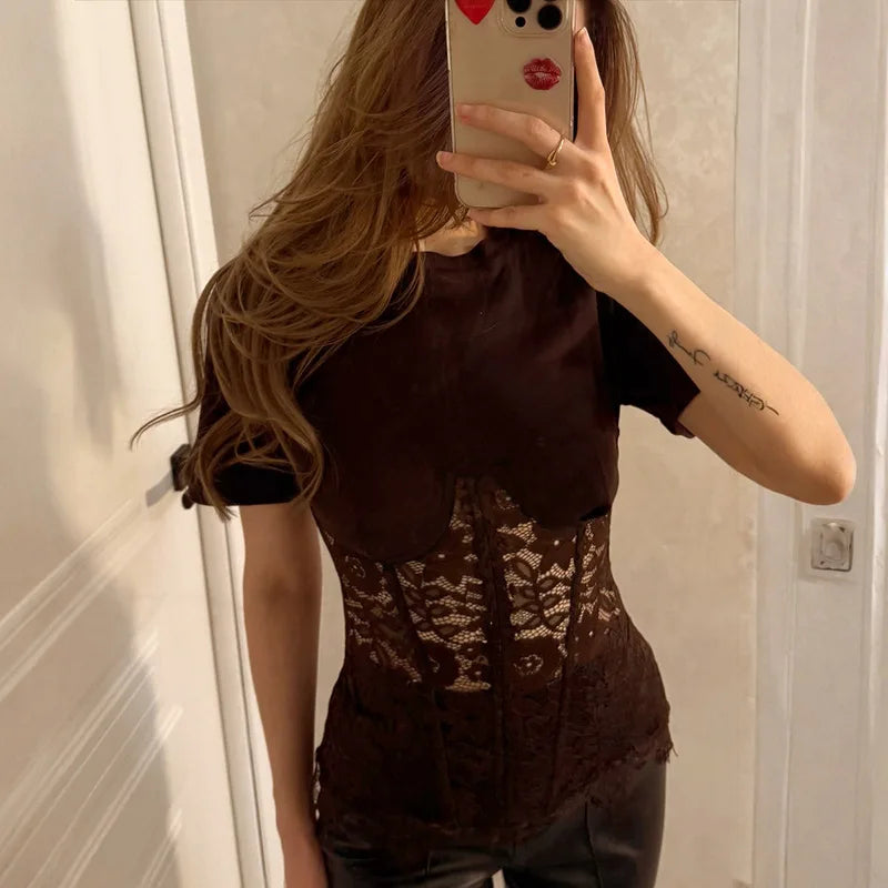 FDYOUI Woman Clothing Lace Patchwork Corset T-shirt 2026 Elegant Sexy Short Sleeve See-through Black Tops Y2K Girls T-shirts
