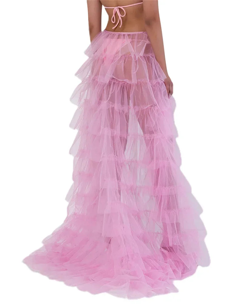 Fashion Long Tulle Skirt Women Elegant Princess Sexy Style Irregular Mesh Tutu Skirts Vintage Puffy Skirt Beach Cover-ups