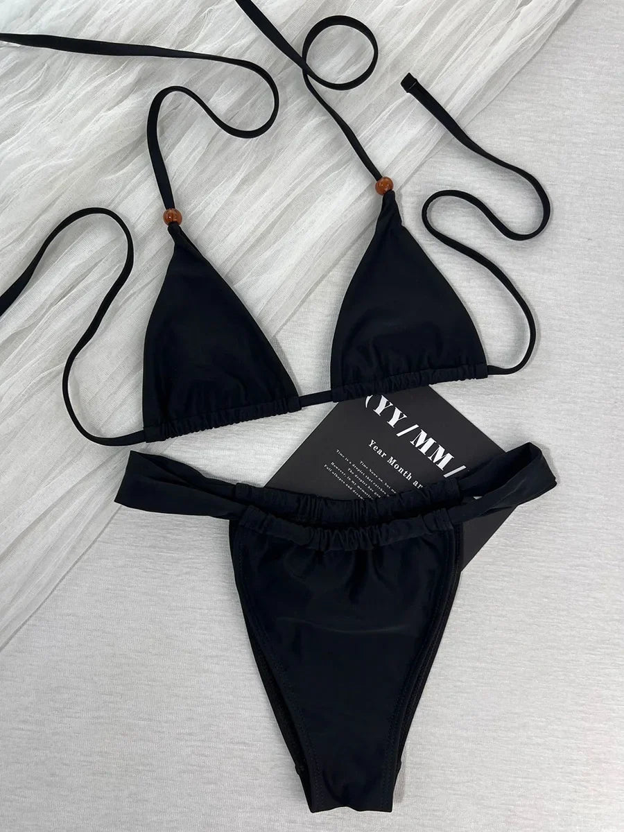 2026 Halter Beads Mini Micro Bikini Female Swimsuit Women Swimwear Two-pieces Bikini Set High Cut Leg Bather Bathing Suit Swim