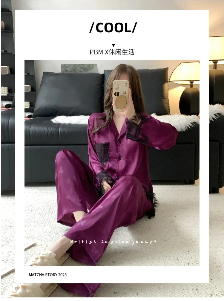 Spring and summer women's pajamas lace sweet cardigan long-sleeved suit home wear