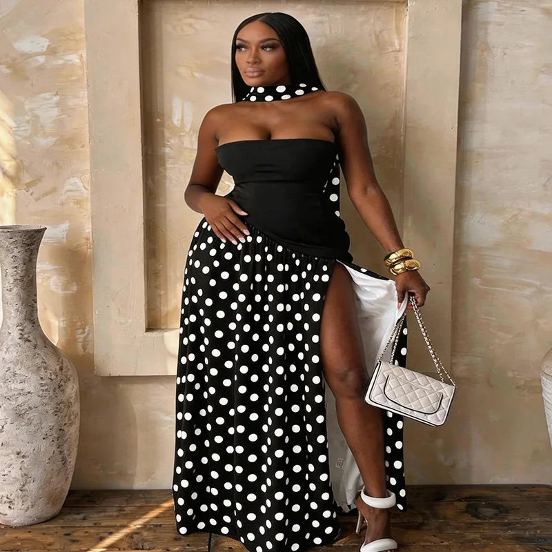 FDYOUI Elegant Bandage Polka Dot Patchwork Evening Dresses Women's 2026 Summer Off Shoulder High Slit Pleated Long Party Dress