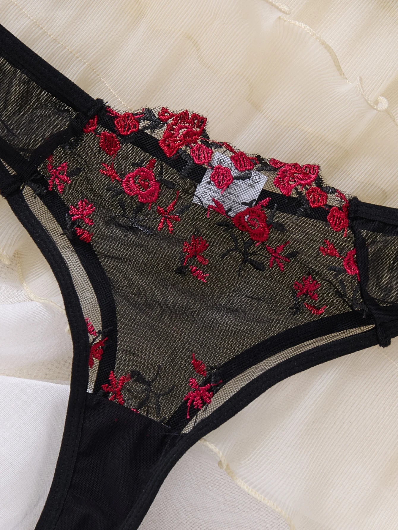 Black Red Rose Embroidery Lingerie Set Women Sheer Mesh Push Up Bra And Thong 2 Piece Sexy Transparent Lace Underwear ZA824026