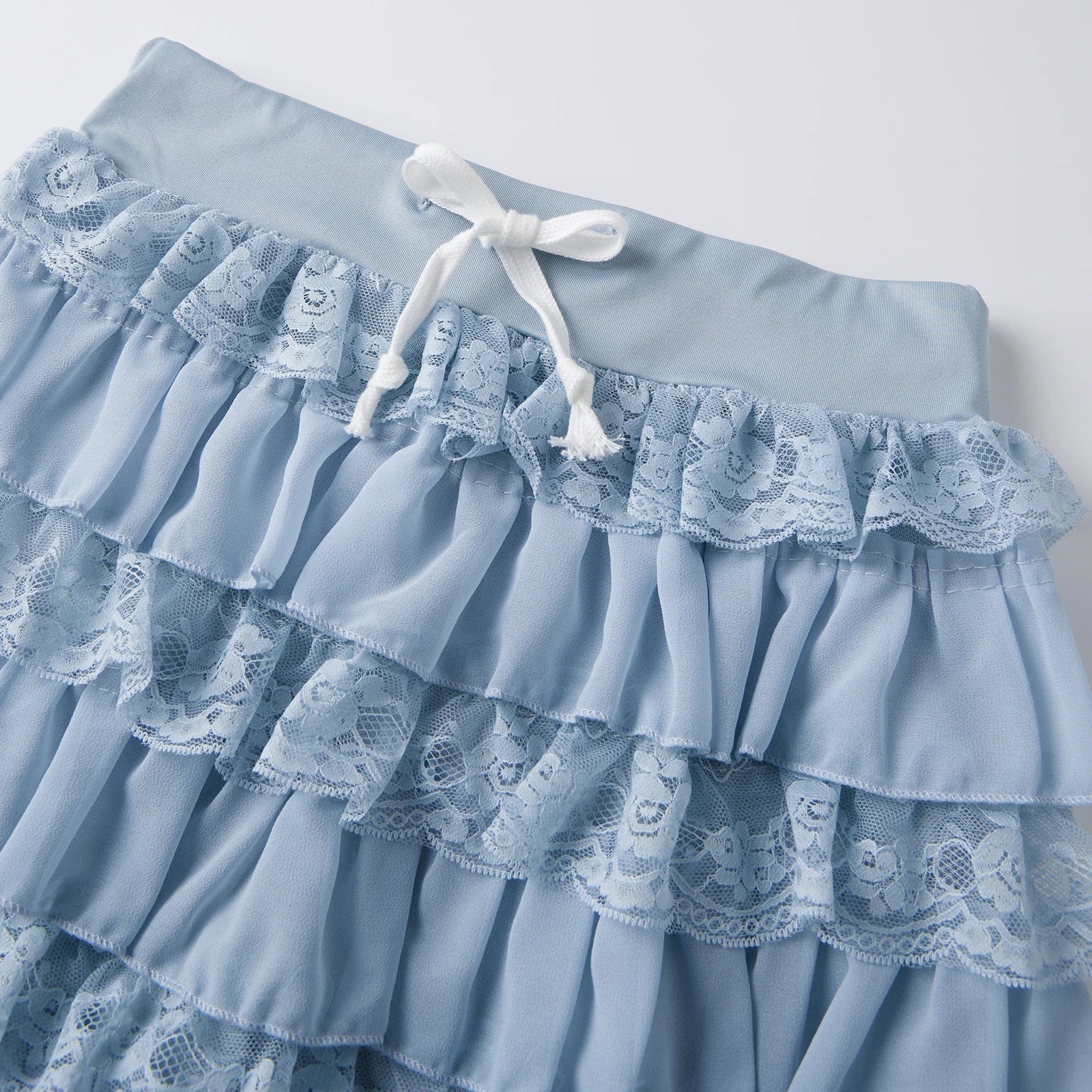 Women's Summer Layered Ruffle Mini Skirts Fashionable Solid Color Lace Patchwork Going Out Drawstring Cake Skirt