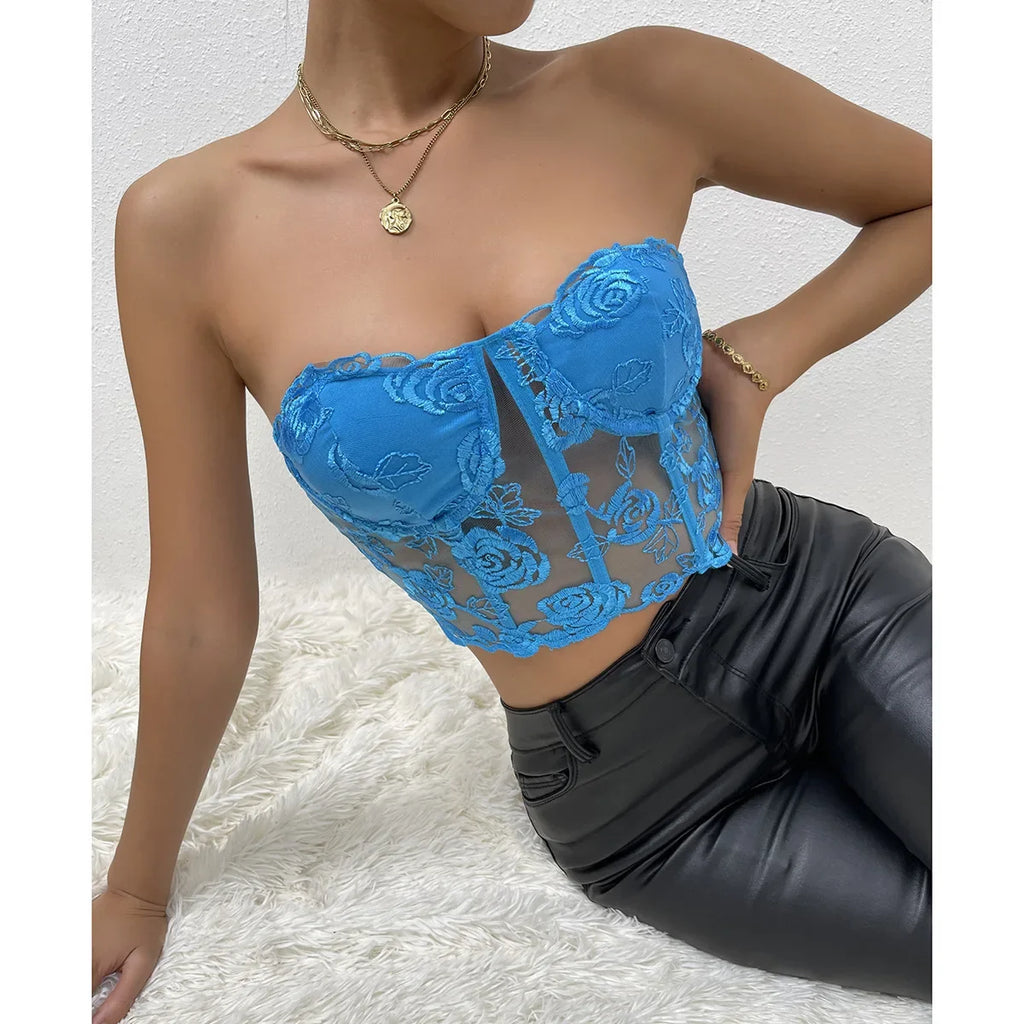Phantasy Sexy Lace See through Crop Top Women Fashion Floral Embroidery Black Tank Top Night club Dress up 2026 Summer Outfit