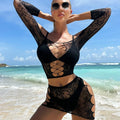 1 Set Women Long Sleeve See-Through Fishnet Cover Up Hollow Out Tassel Bodycon Beachwear Dress