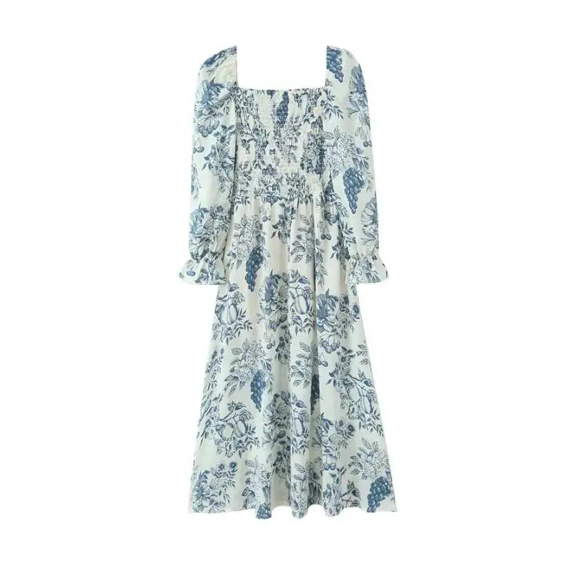 French Casual Style Square-neck Slim-fit Dress Feminine With Side Slit Three-quarter Sleeves Waist Cinching Printed Holiday THF3