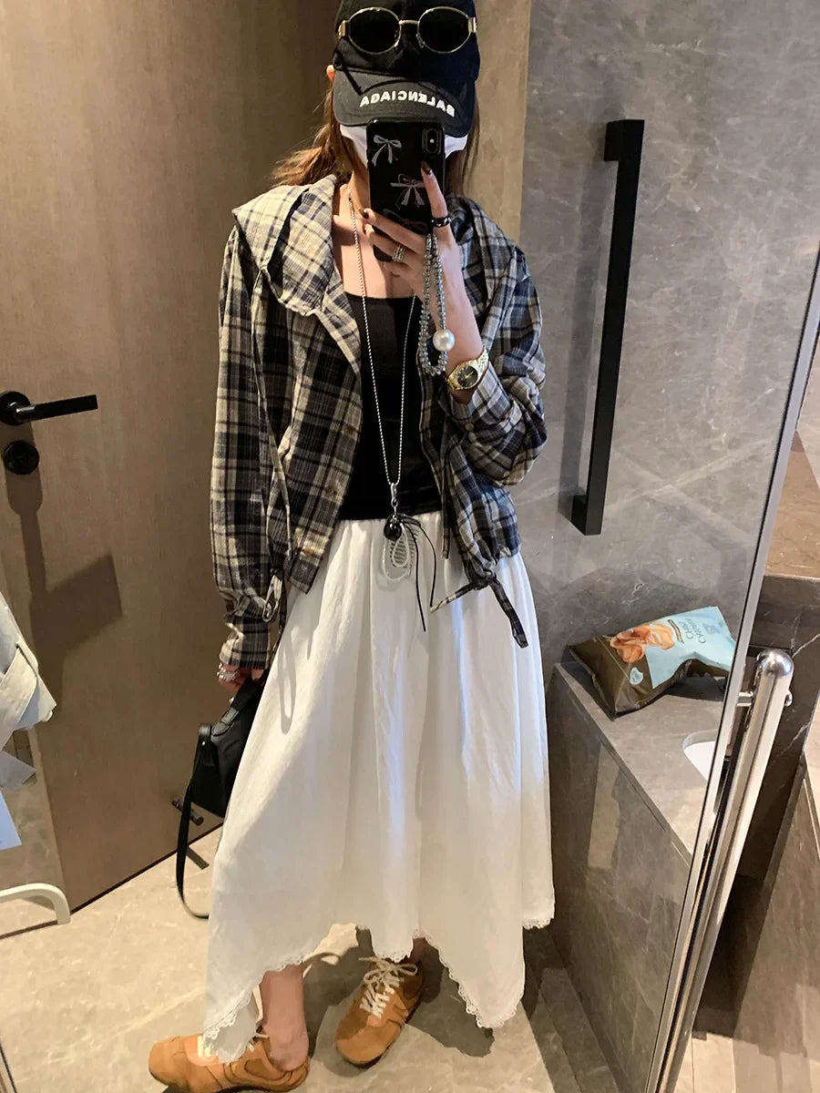 Spliced Lace Elastic High-waisted Slimming Skirt White Lace Trim Skirt Elastic Waist Casual Summer Style Skirt For Women 6S7Q