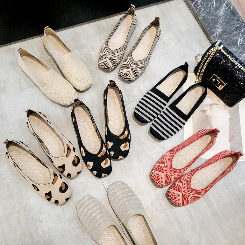 Spring and Autumn Flat Shoes Fashion Leisure Women's Flat Shoes Square Toe Knitting Elastic Comfortable Slip-on Boutique Shoes