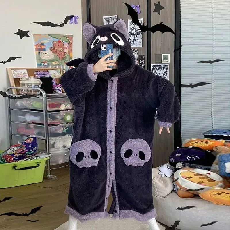 Cartoon Bat Plush Women's Pajamas Robes Anime Nightgown Winter Kawaii Animal Night Dress Halloween Party Vampire Cosplay Costume