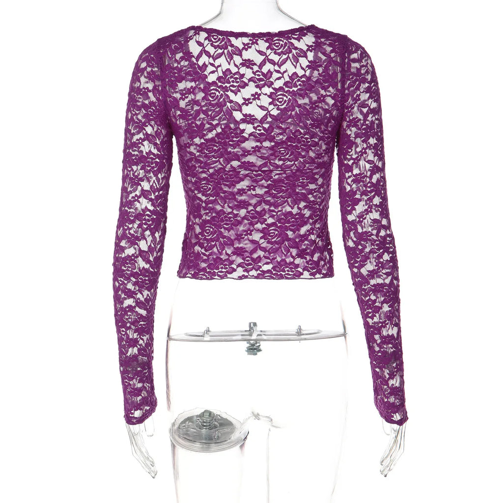 FDYOUI Sexy Deep V-neck Lace T-shirt 2026 Women Long Sleeve See-through Slim Tops Ladies Party Night Club T Shirts Streetwear