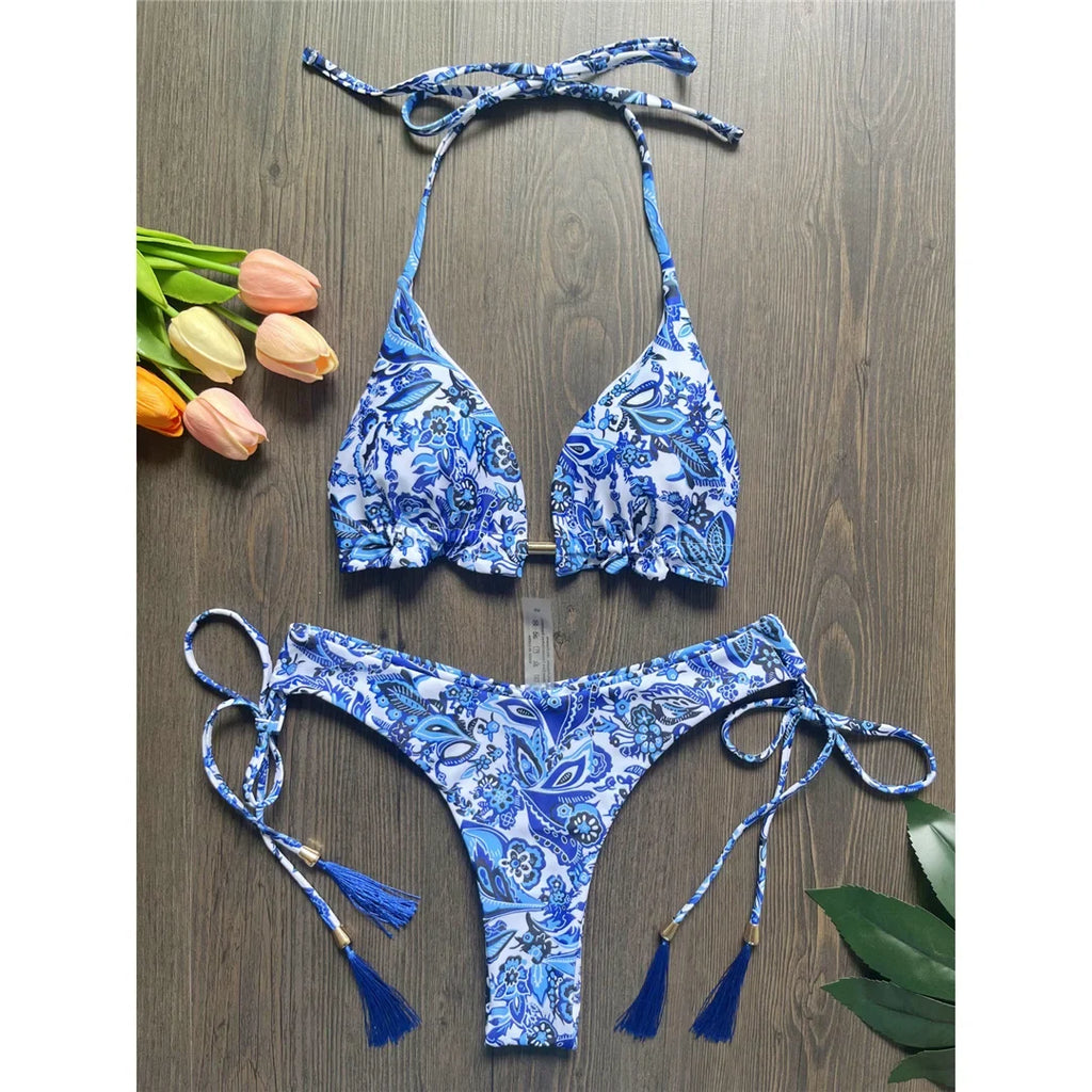 Sexy Flowers Printed Halter Brazilian Bikini Female Swimsuit Women Swimwear Two-Pieces Bikini Set Bather Bathing Suit Swim V6070