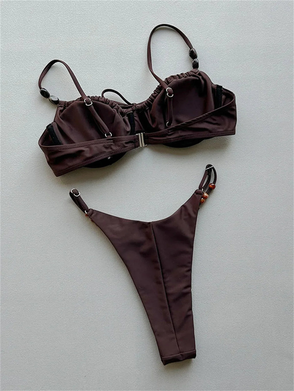 Sexy Black Polka Dot Print Bikini Set Women Pleate Push Up Underwire Bra Beaded String Thong Swimsuit 2026 Bathing Suit Swimwear