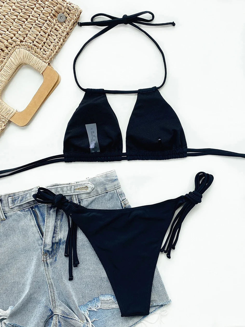 2025 Sexy Tie Side Strappy Halter Bikini Female Swimsuit Women Swimwear Two-pieces Bikini set Hollow out Bathing Suit Swim Lady