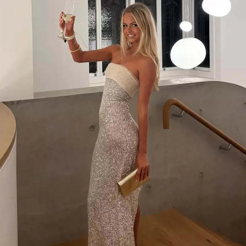 FDYOUI Luxury Bandage Sequins Evening Party Dresses for Women Sexy Strapless Off Shoulder Backless Split Slim Long Wedding Dress