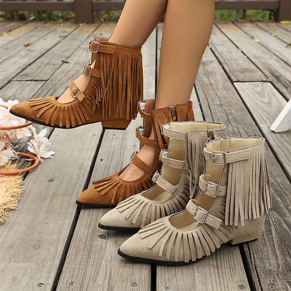 Women's Vintage Fringe Summer Ankle Boots Bohemian Buckle Straps Pointed Toe Ethnic Tassel Hollow Out Western Cowgirls Shoes