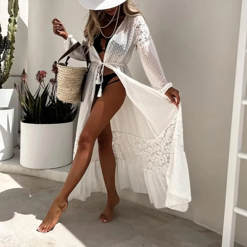 Summer Bikini Cover Up See-through Lace Thin Cardigan Long Sleeves Tassel Sunscreen Lace Up Maxi Dress Summer Beach Dress