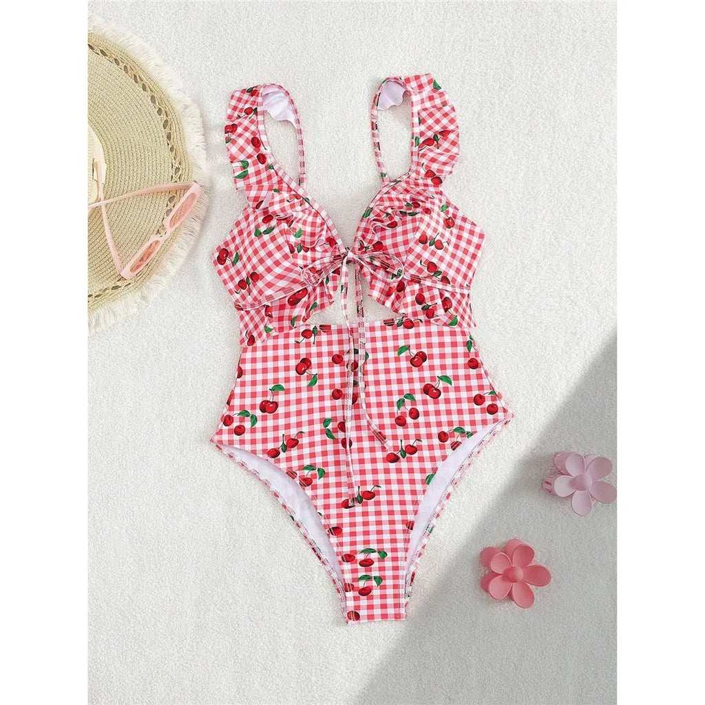 S - XL Cherry Printed Plaid Cut Out One Piece Swimsuit Women Swimwear Female Frilled High Leg Cut Bather Bathing Suit Swim V7557