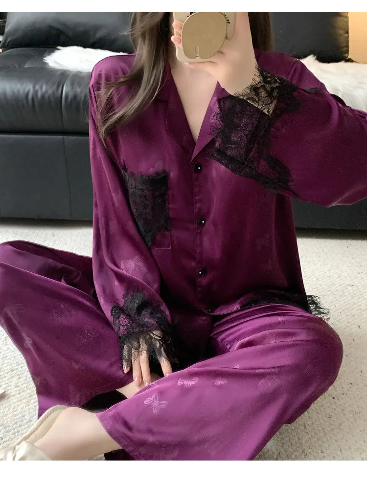 Spring and summer women's pajamas lace sweet cardigan long-sleeved suit home wear