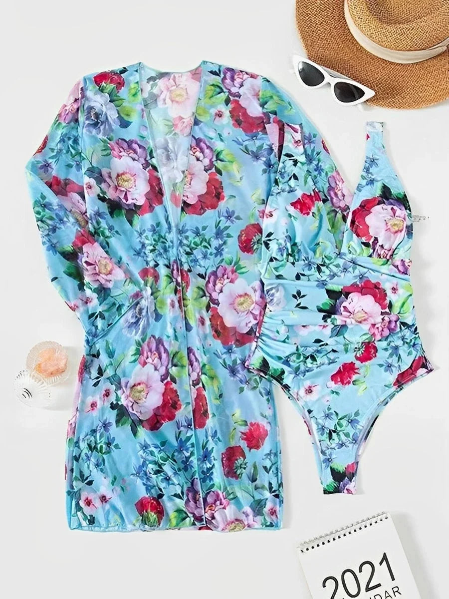 2026 Printed Swimsuit Women One Piece With Cover Up Floral Swimwear Female Beach Wear Push Up Bathing Swimming Swim Suit Summer