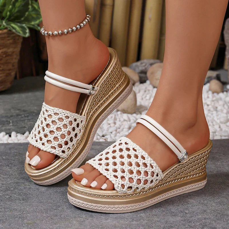 Hollow Out Gold Wedge Heels Sandals Women Plus Size 43 Chunky Platform Slippers Woman Summer Slip On Weave Thick Sole Sandles