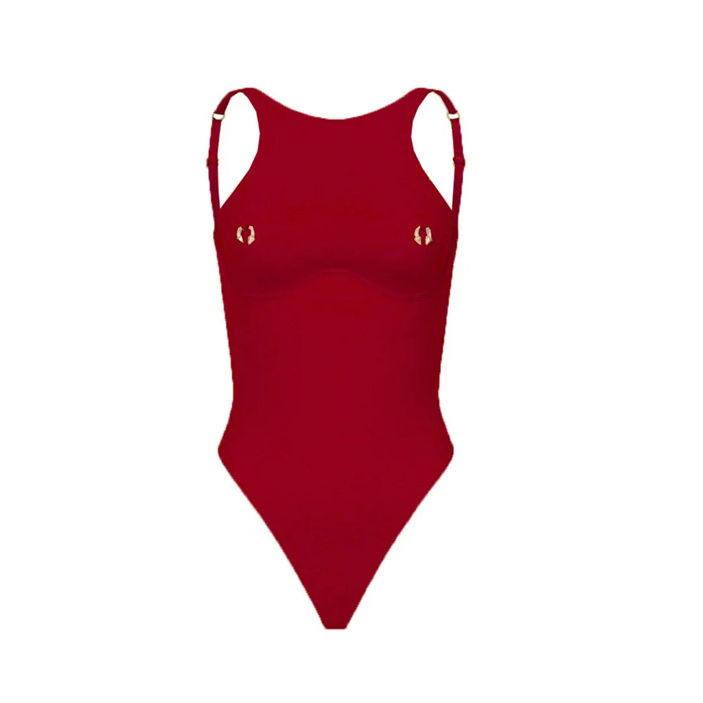 Metal Ring Backless Black Women Swimwear One Piece Swimsuit Female Brazilian High Leg Cut Padded Bather Bathing Suit Swim V7512