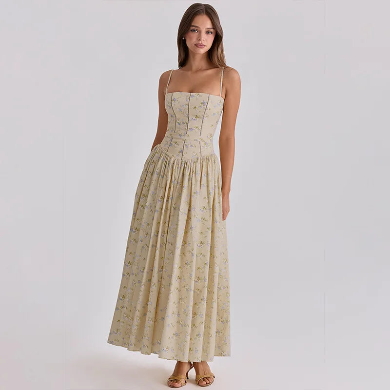 FDYOUI 2026 Summer Spaghetti Strap A-line Floral Vacation Dress for Women Elegant High Waist Tunics Long Party Evening Dresses