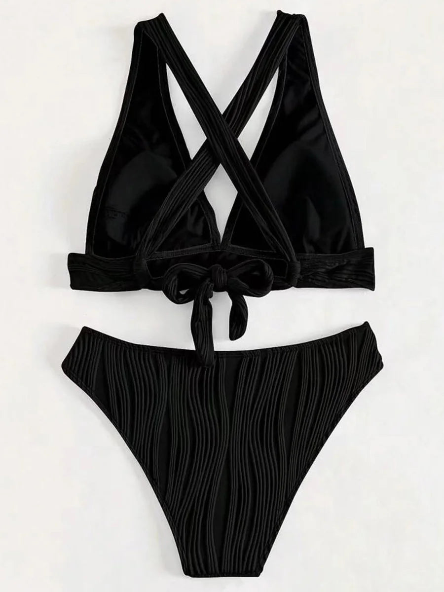 Wrinkled Crinkled Cross Back Bikini Women Swimwear Female Swimsuit Two-pieces Bikini Set High Cut Bathing Suit Swim Beach Wear