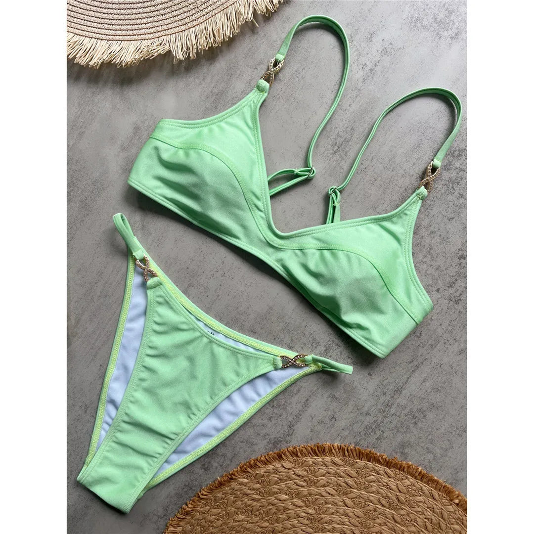 10 Colors V Neck Rhinestones Bikini Female Swimsuit Women Swimwear Two-pieces Bikini Set Padded Bather Bathing Suit Swim V8138