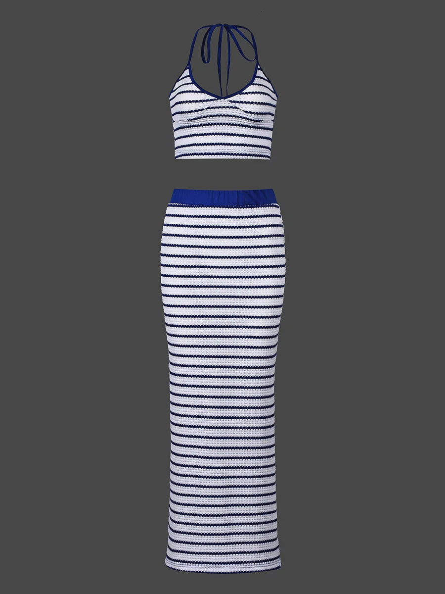 Summer slim temperament hot girl striped halterneck backless skirt suit vest casual suit