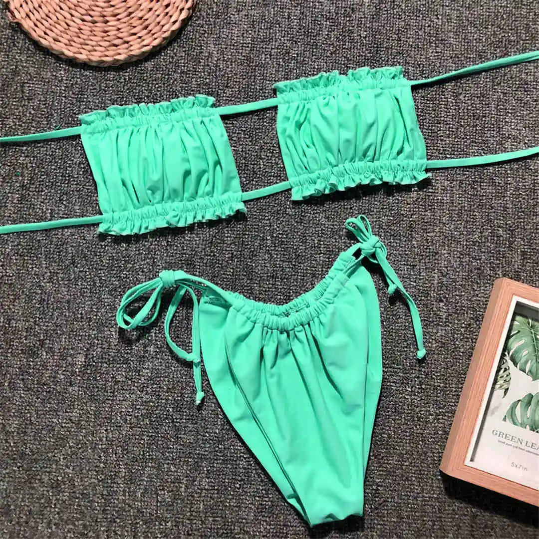 Sexy Pink Bandeau Frilled Bikini Swimsuit Female Swimwear Women Two-Pieces Bikini Set Bather Padded Bathing Suit Swim V1242B