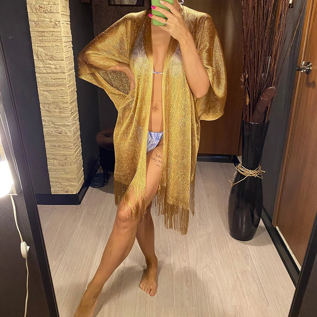 Sexy Fringe Tassel Mesh Sheer Shiny Knitted Tunic Beach Cover Up Cover-ups Beach Dress Beach Wear Beachwear Female Women V3321