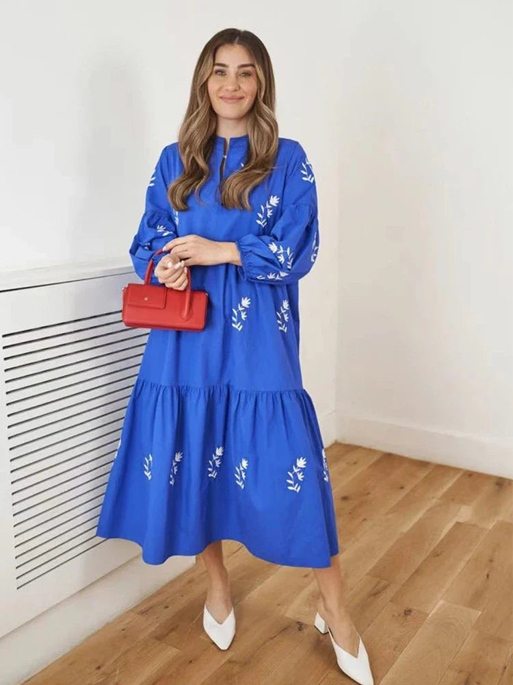 Foridol Lantern Sleeve Spring Summer Women Dress Embroidery Loose Midi Casual Vestidos 2025 Wrist Sleeve Royal Blue Sundress