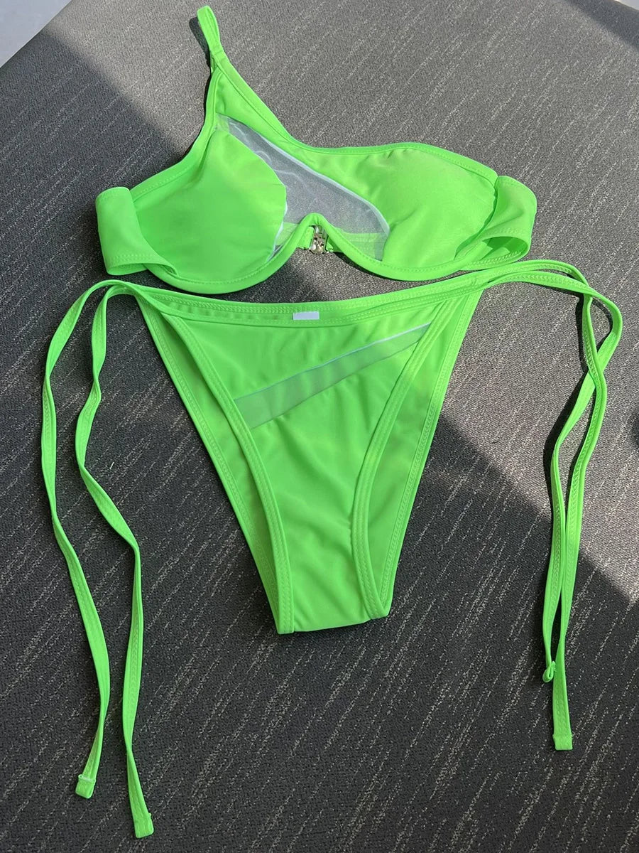 One Shoulder Mesh Bikinis Underwired V-Bar Bikini Women Swimwear Female Swimsuit Two-pieces Bikini Set Push Up Bathing Suit Swim