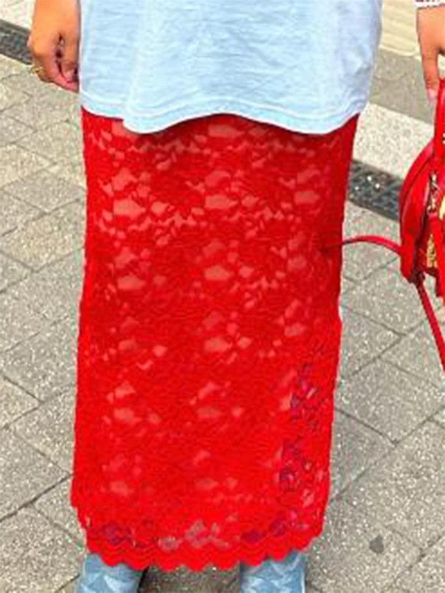 Women's Summer Lace Long Skirts Elegant Low Waist Solid Color See-Through Midi Skirts Slim Fit Skirts