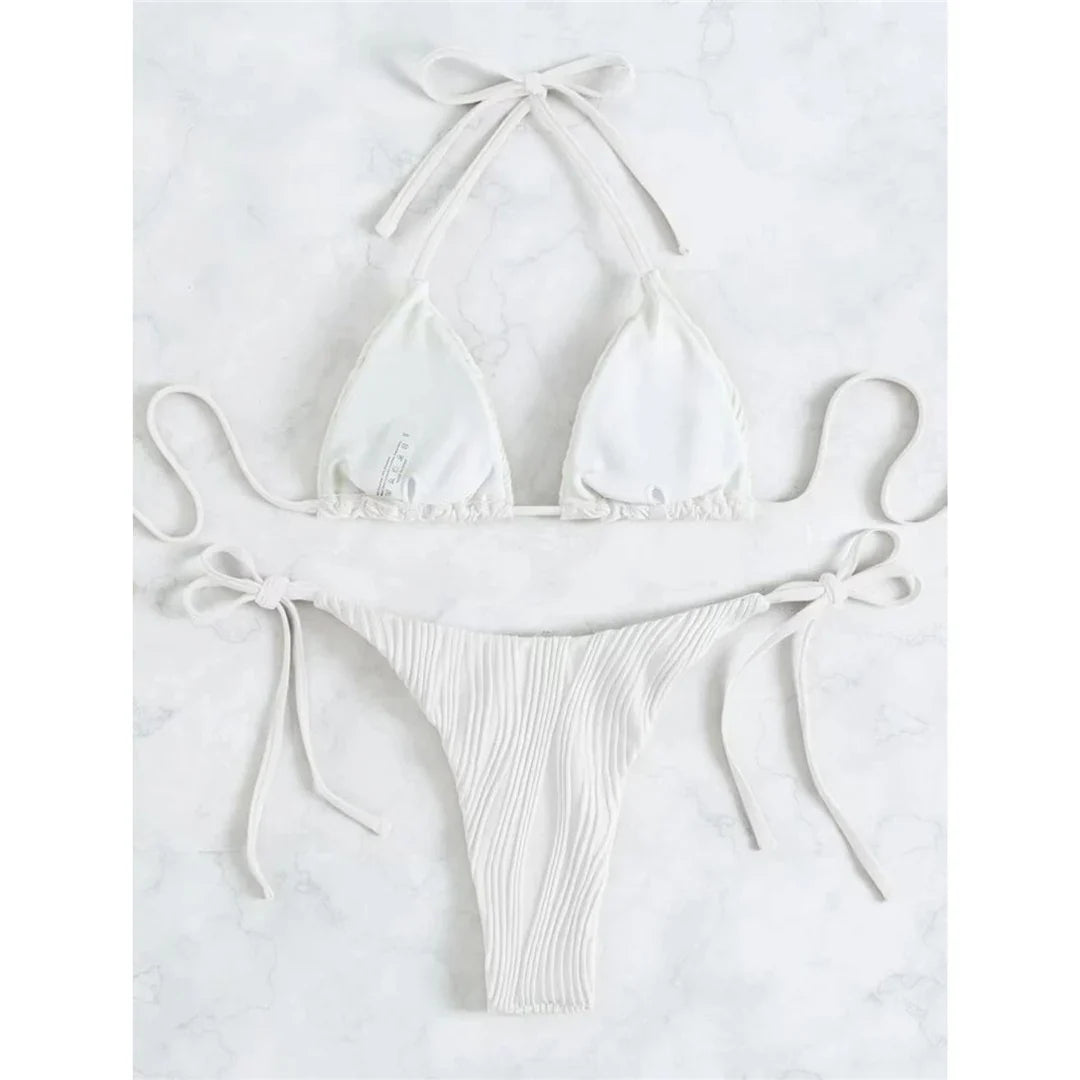Sexy Wrinkled Halter Brazilian Bikini Female Swimsuit Women Swimwear Two-Pieces Bikini Set Bather Bathing Suit Swim Lady V4101