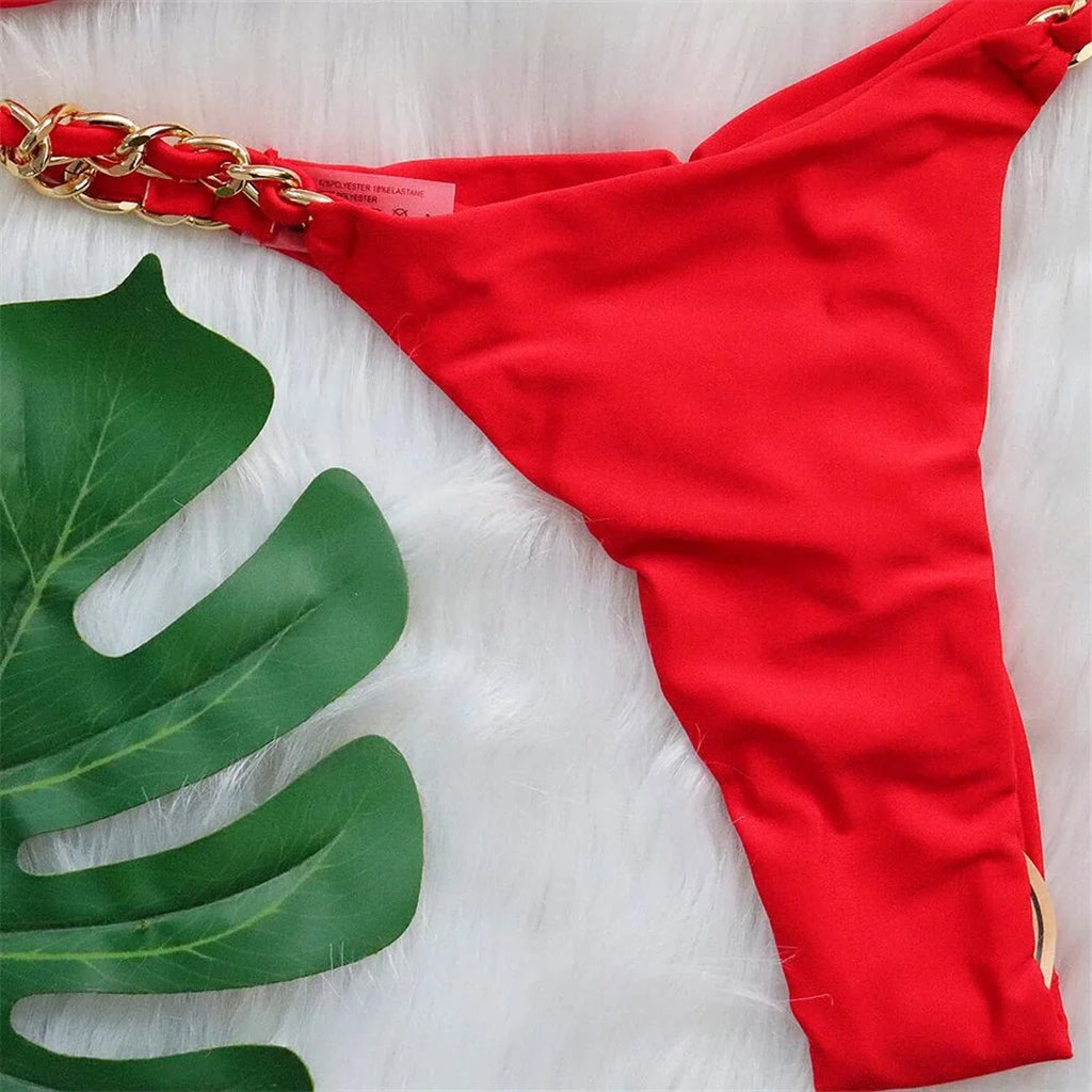 Metal Ring Halter Scrunch Butt Thong Bikini Women Swimwear Female Swimsuit Two-Pieces Bikini Set Bather Bathing Suit Swim V4391