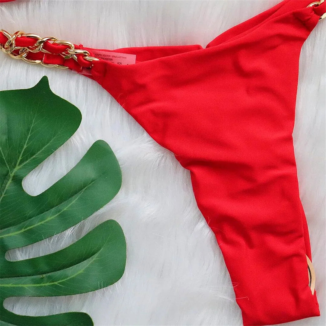 Metal Ring Halter Scrunch Butt Thong Bikini Women Swimwear Female Swimsuit Two-Pieces Bikini Set Bather Bathing Suit Swim V4391