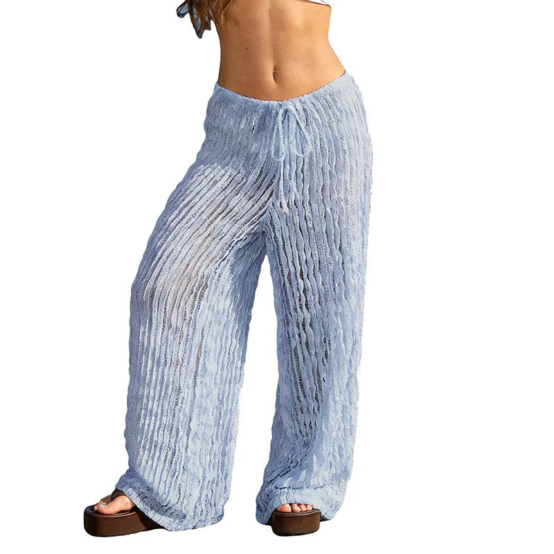 Women's trousers, fashionable and versatile, solid color, drawstring straight trousers, beach sun protection trousers