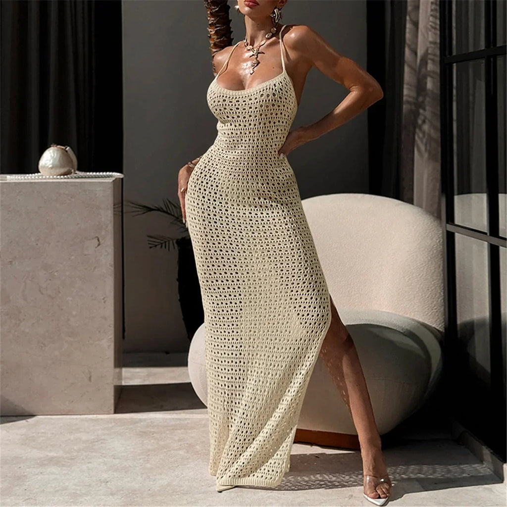 2026 Hollow Out Cross Back Crochet Knitted Tunic Beach Cover Up Cover-ups Beach Dress Beach Wear Beachwear Female Women V7505