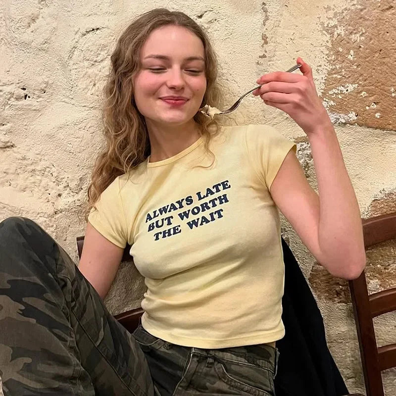 Woman Clothing Letter Print Short T-shirts Y2K Streetwear 2026 Summer O-neck Slim Fit Crop Tops Vacation Beach Tees Light Yellow