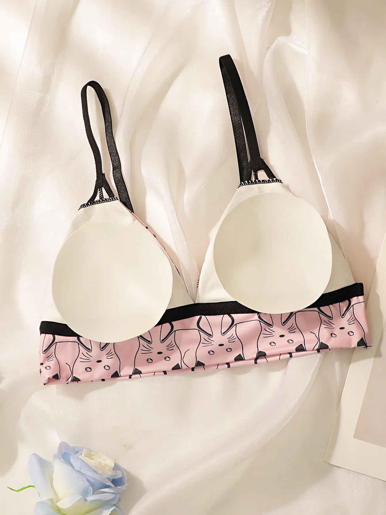 Kawaii Cat Print Triangle Bralette Women Wireless Thin Cup Bra Cute Pink Soft Breathable Daily Lingerie For Teen Girls MR2844