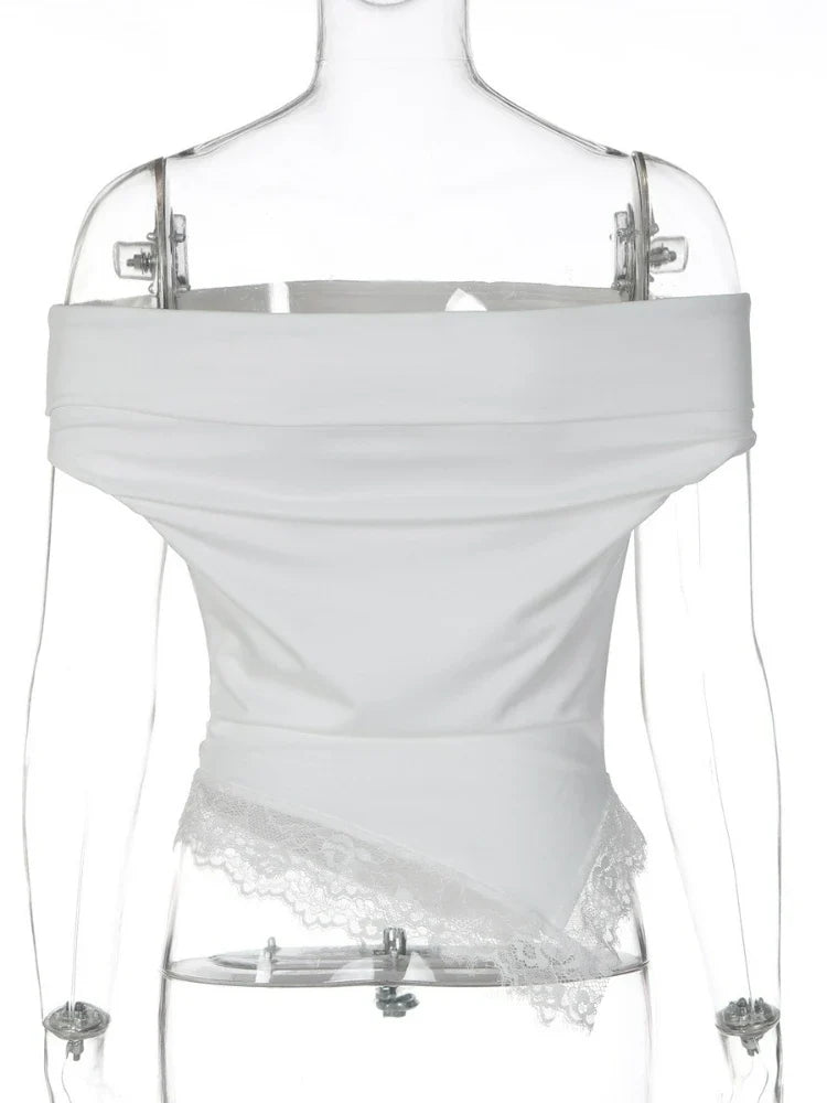FDYOUI Woman Clothing Slash Neck T-shirts 2026 Summer Sleeveless Lace Patchwork White T Shirt Y2K Girls Irregular Corset Tee Top