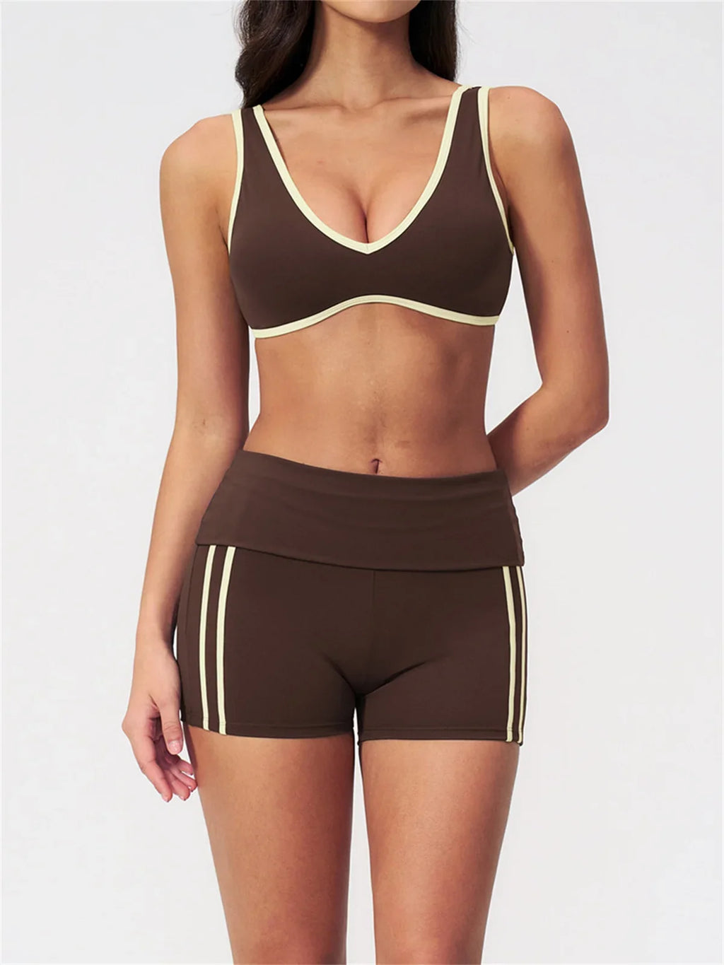 Tight Color Contrast Yoga Suit 2 Pieces Women V Neck Sports Bra Pleate High Waist Shorts Gym Running Fitness Suits Tracksuit